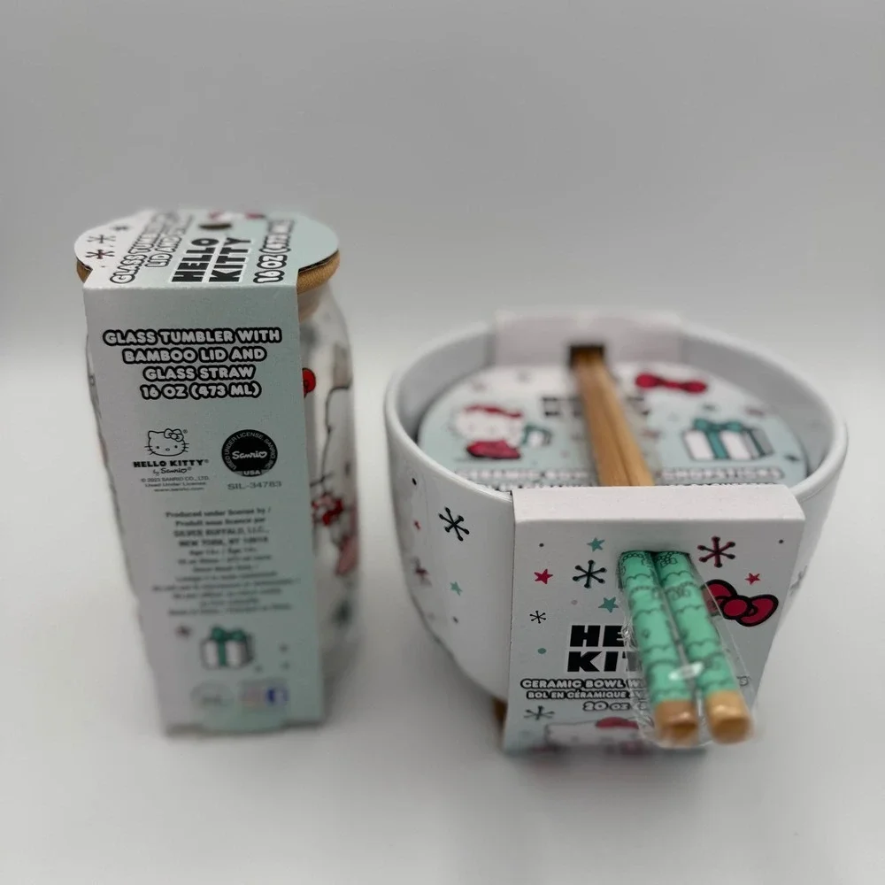 Hello Kitty Christmas Glass Tumbler &‎ Ceramic Bowl Chopsticks Set